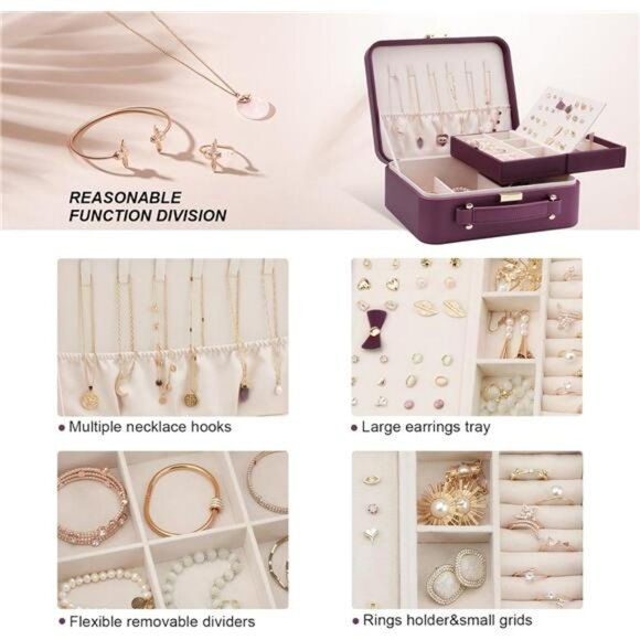 Large Travel Jewelry Box Organizer Case with Handle for Rings Earrings Necklaces - Picture 6 of 7